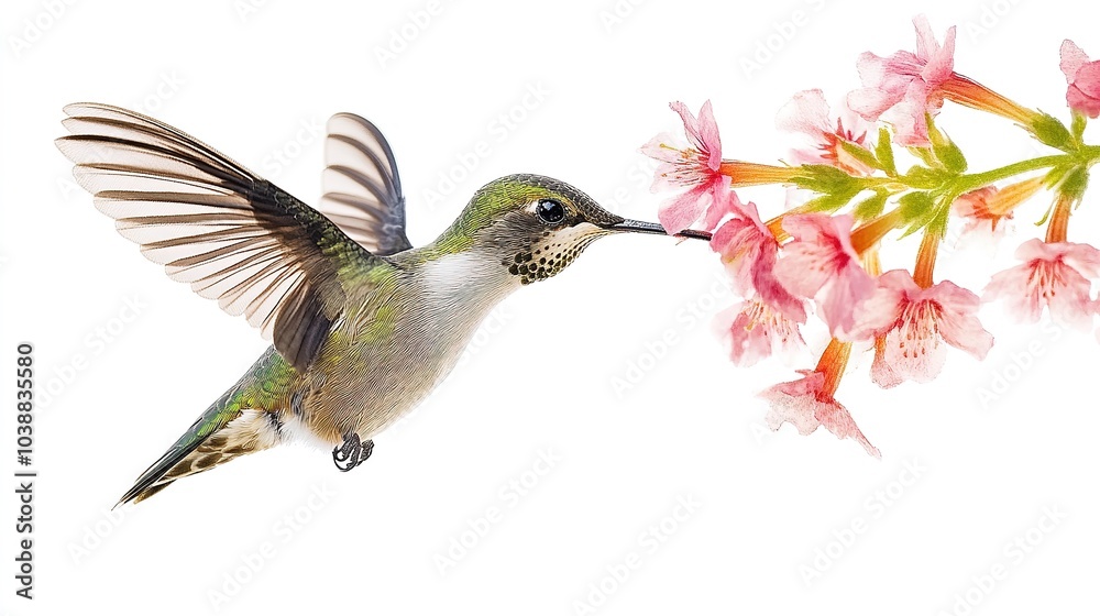 Fototapeta premium A colorful hummingbird feeding on blooming flowers in a serene garden during springtime