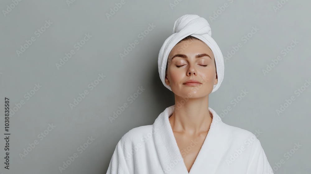Woman in a white robe enjoying a head massage, focus on serene facial expression Woman in a white robe enjoying a head massage, focus on serene facial expression