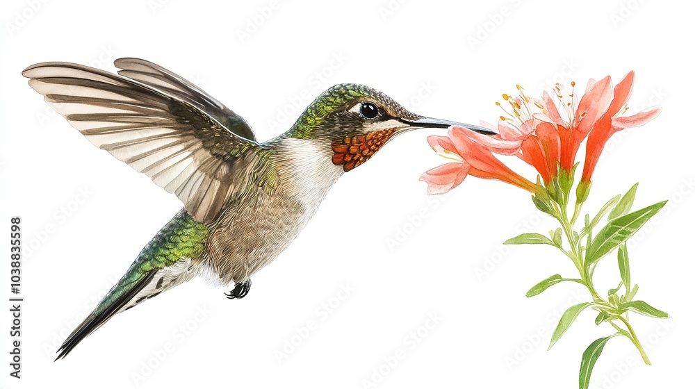 A colorful hummingbird feeding on blooming flowers in a serene garden during springtime A colorful hummingbird feeding on blooming flowers in a serene garden during springtime