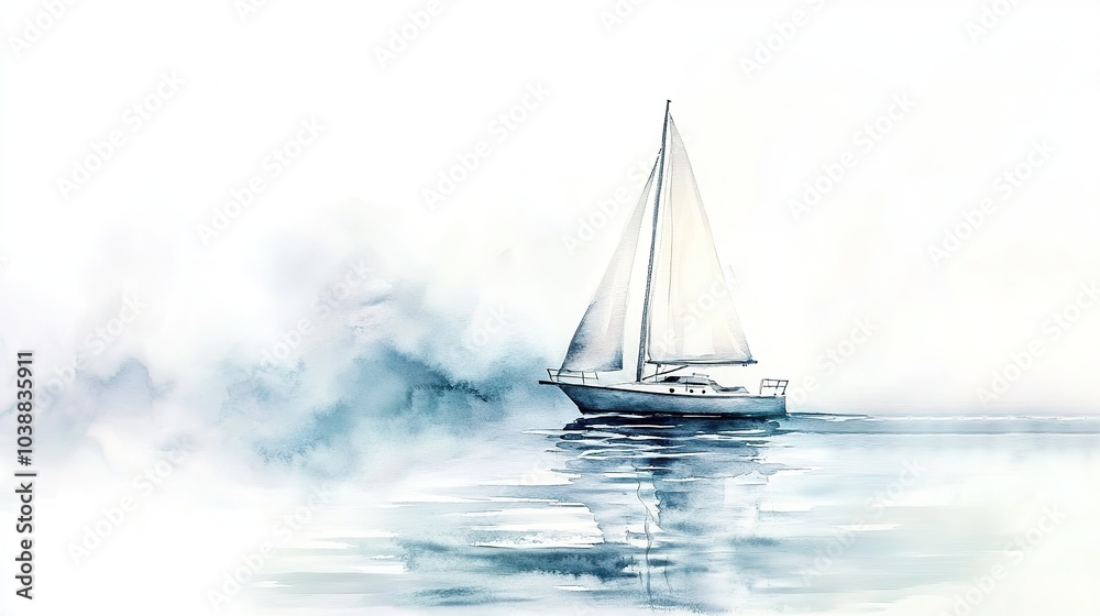 Fototapeta premium A serene sailboat drifting through calm waters under a hazy sky in a watercolor style