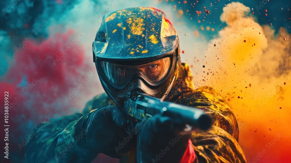 A paintball player aims with a gun amidst vibrant splashes of color and smoke. A paintball player aims with a gun amidst vibrant splashes of color and smoke.