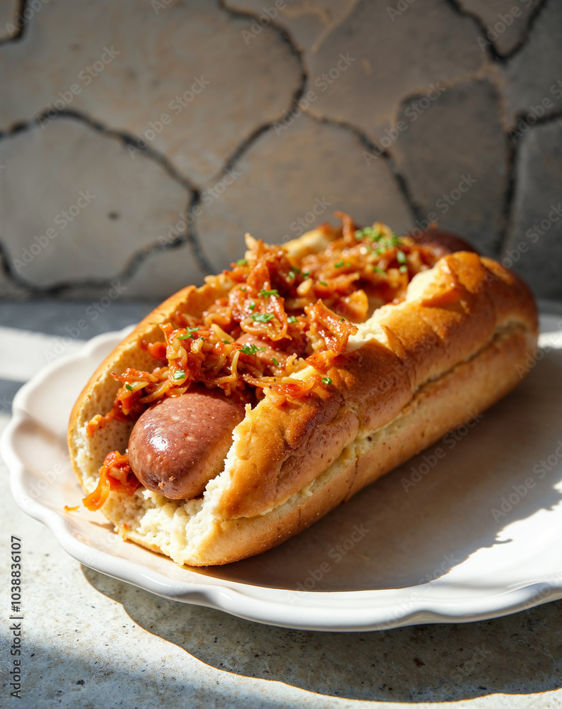 Fusion Hot Dog: Bratwurst with Kimchi and Sriracha Aioli Fusion Hot Dog: Bratwurst with Kimchi and Sriracha Aioli
