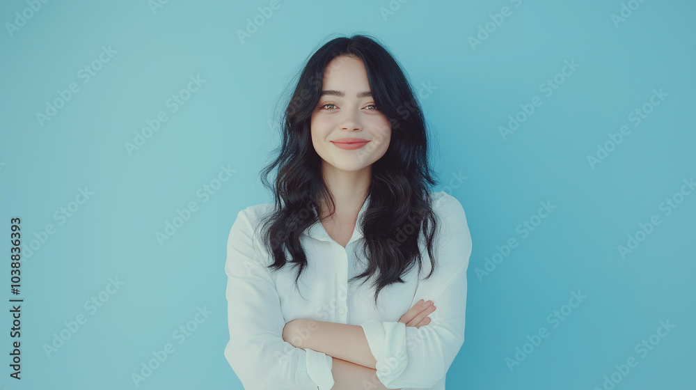 Beautiful girl standing by the wall and smiling happily Beautiful girl standing by the wall and smiling happily