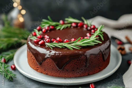 Wallpaper Mural Christmas cake made from scratch adorned with rosemary and pomegranate frontal view Torontodigital.ca