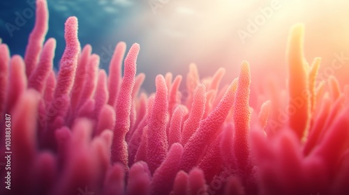 Vibrant pink coral reef underwater with sunlight shining through.