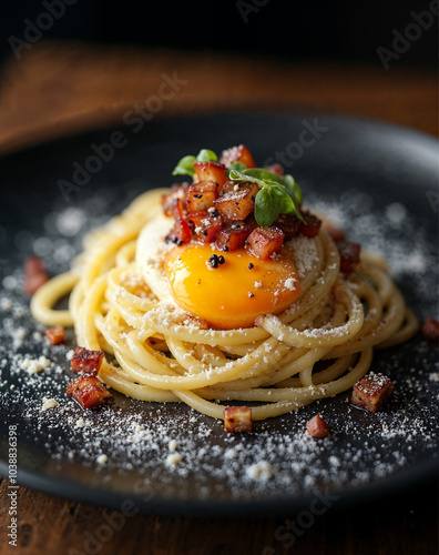 Modern Spaghetti Carbonara with Sous Vide Egg photo