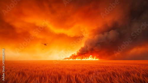 Wildfire spreads rapidly across vast fields at sunset, engulfing the horizon in flames and smoke