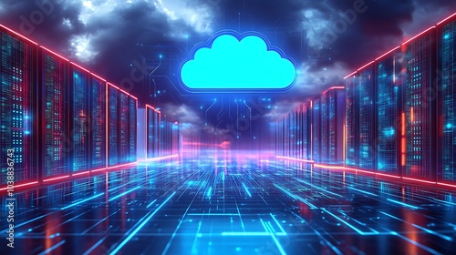 Wallpaper Mural Futuristic Cloud Computing Network Servers. Digital illustration of cloud computing infrastructure with vibrant blue neon lights and futuristic data servers. Torontodigital.ca