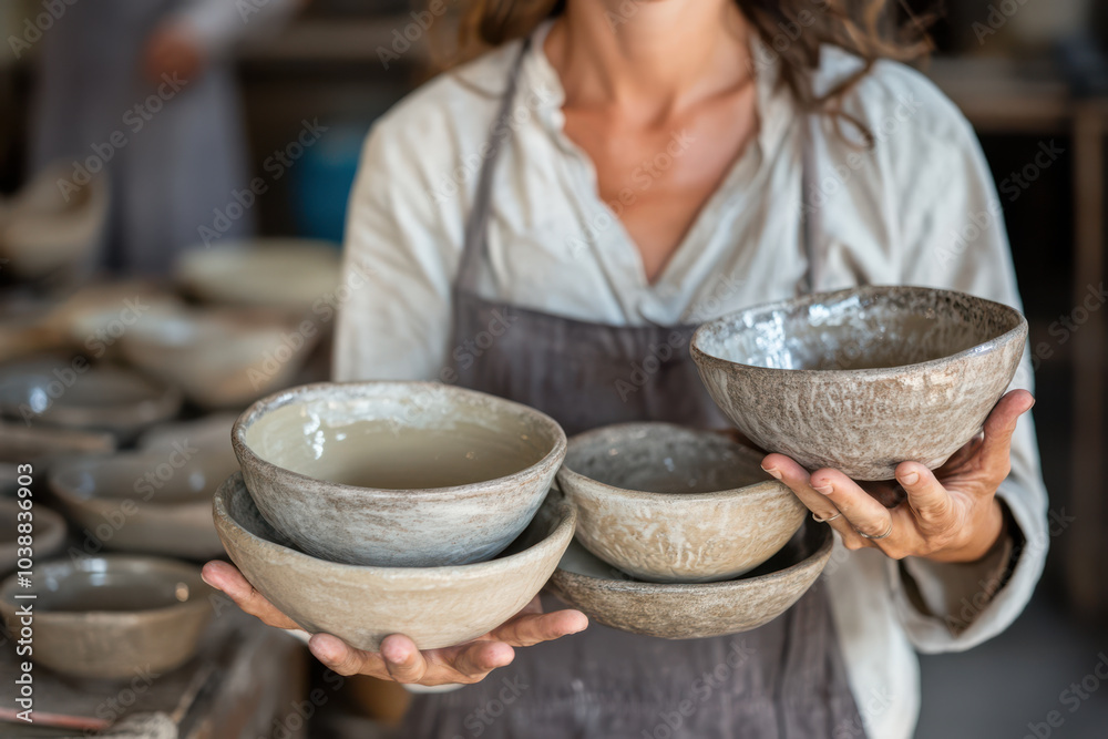 Female Artisan Creating Pottery in a Studio Female Artisan Creating Pottery in a Studio