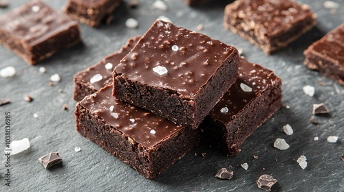 Dark chocolate brownies with a touch of sea salt, isolated on a gray slate surface, with decorative salt flakes and small chocolate pieces