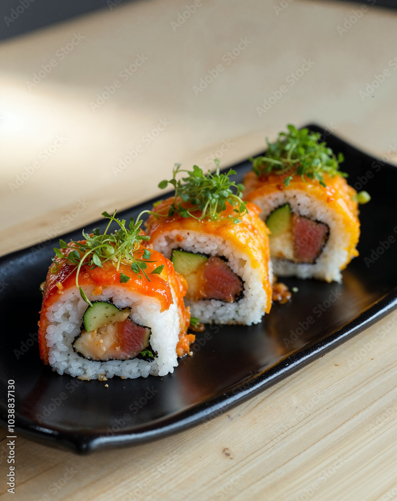 Gourmet Sushi Rolls: Spicy Tuna, Shrimp Tempura, and Eel Gourmet Sushi Rolls: Spicy Tuna, Shrimp Tempura, and Eel
