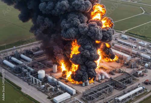 Massive fireball erupts at gas facility, billowing smoke clouds darken sky as flames engulf industrial complex