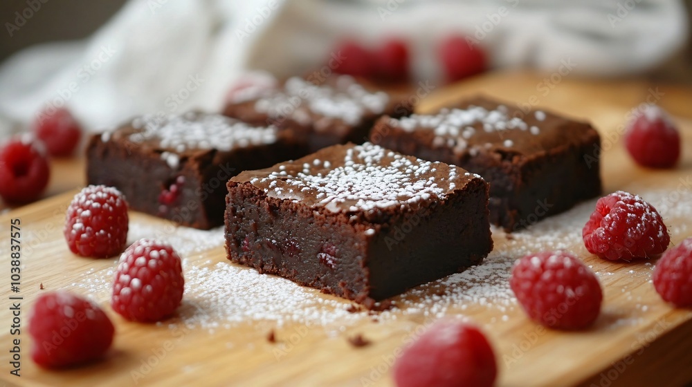 Fudgy brownies topped with chocolate ganache, placed on a light wooden board, surrounded by fresh raspberries and powdered sugar Fudgy brownies topped with chocolate ganache, placed on a light wooden board, surrounded by fresh raspberries and powdered sugar