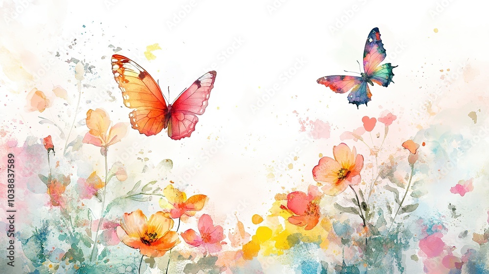 Colorful butterflies flutter among blooming flowers in a serene garden landscape during springtime Colorful butterflies flutter among blooming flowers in a serene garden landscape during springtime