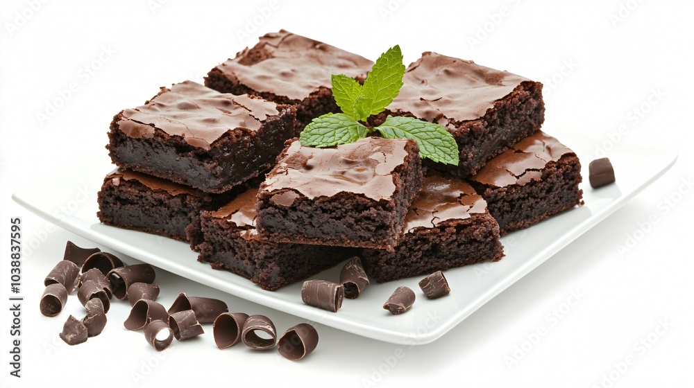 Fudgy brownies topped with melted dark chocolate, isolated on a white porcelain plate, surrounded by chocolate curls and a sprig of mint Fudgy brownies topped with melted dark chocolate, isolated on a white porcelain plate, surrounded by chocolate curls and a sprig of mint