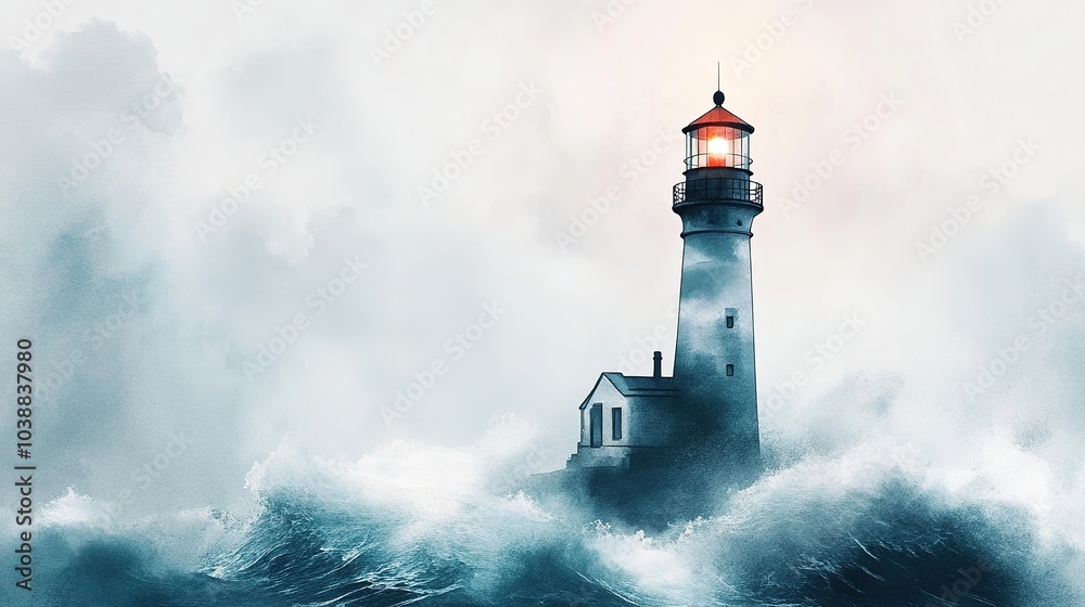 A lighthouse stands resilient against crashing waves during a stormy evening, illuminating the turbulent sea with its guiding light A lighthouse stands resilient against crashing waves during a stormy evening, illuminating the turbulent sea with its guiding light