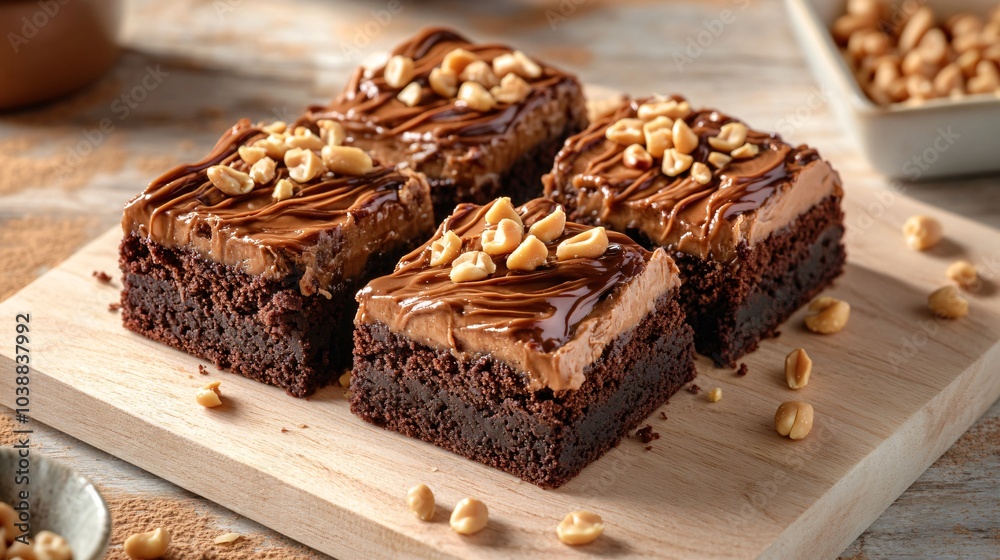 Fudgy brownies with peanut butter frosting, placed on a light wooden board, surrounded by crushed peanuts and a small caramel drizzle Fudgy brownies with peanut butter frosting, placed on a light wooden board, surrounded by crushed peanuts and a small caramel drizzle