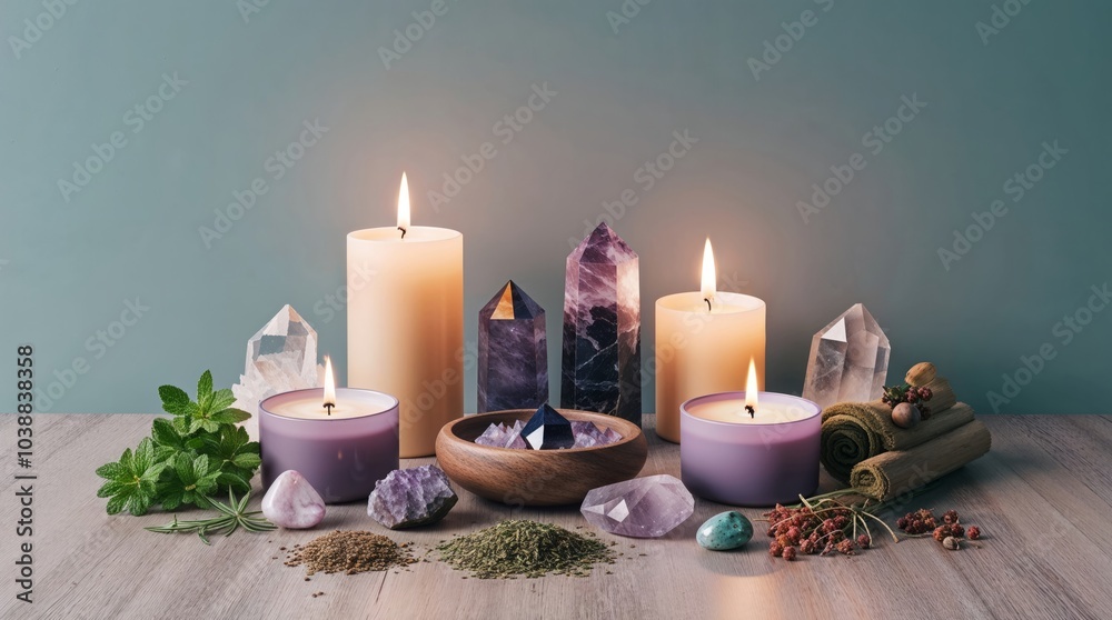 Serene Meditation Setting With Lit Candles, Healing Crystals, Aromatic Herbs, And Essential Oils On Wooden Table Serene Meditation Setting With Lit Candles, Healing Crystals, Aromatic Herbs, And Essential Oils On Wooden Table