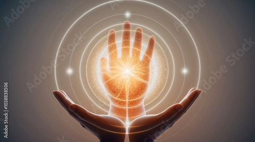 Mystical Hands Embracing Glowing Energy Sphere with Radiating Circles Symbolizing Healing and Spirituality