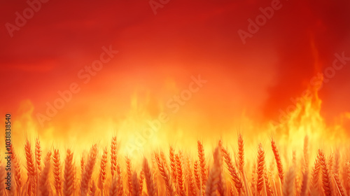 Flames engulf a wheat field at sunset, creating a dramatic and destructive landscape