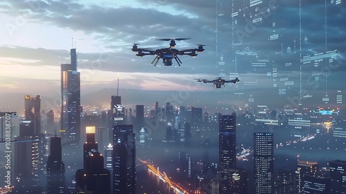 AI-driven robotic drones flying over a digital cityscape capturing data in real-time