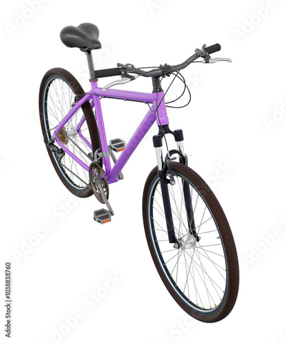 Purple bicycle, side top view. Black leather saddle and handles. Png clipart isolated on transparent background photo