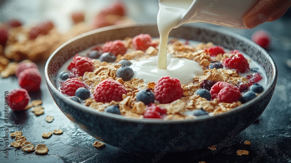 Delicious bowl of granola topped with fresh berries and yogurt in a cozy kitchen setting Delicious bowl of granola topped with fresh berries and yogurt in a cozy kitchen setting