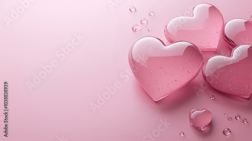 Pink Glass Hearts with Sparkling Details on Soft Pastel Background. Romantic Valentine’s Day Concept.