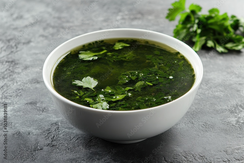 Classic Turkish stinging nettle soup in a white bowl against a gray backdrop Classic Turkish stinging nettle soup in a white bowl against a gray backdrop