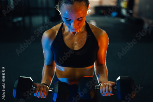 Sportswoman lifting heavy dumbbells during intense workout session