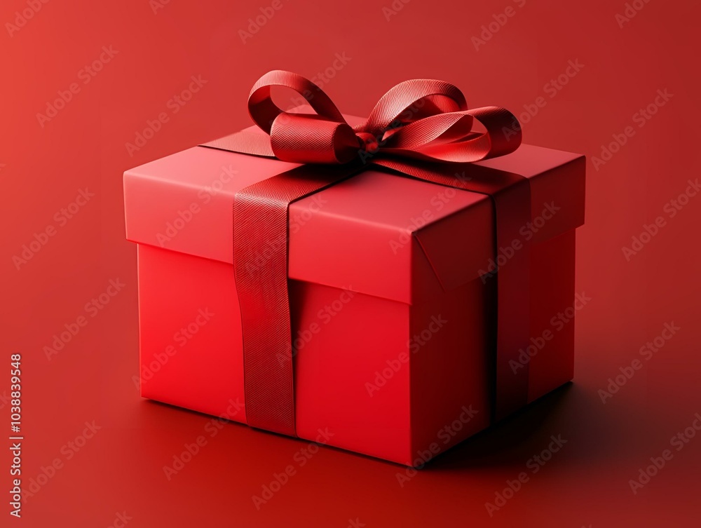 Obraz premium Elegant red gift box with a shiny ribbon bow, perfect for festive celebrations and special occasions, adding a touch of luxury and joy.