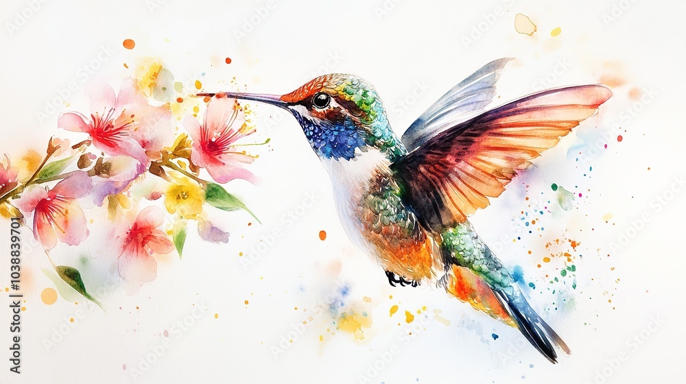 A hummingbird hovering gracefully near vibrant blossoms in a colorful, artistic landscape A hummingbird hovering gracefully near vibrant blossoms in a colorful, artistic landscape