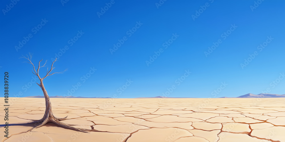 A solitary dry tree stands on cracked earth under a bright blue sky in a desolate landscape A solitary dry tree stands on cracked earth under a bright blue sky in a desolate landscape