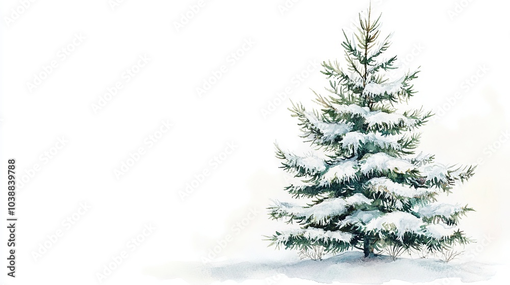 A snowy evergreen tree stands majestically in a winter landscape surrounded by gentle white snowflakes in a serene, quiet environment A snowy evergreen tree stands majestically in a winter landscape surrounded by gentle white snowflakes in a serene, quiet environment