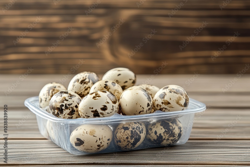 Clear plastic box of quail eggs on wood