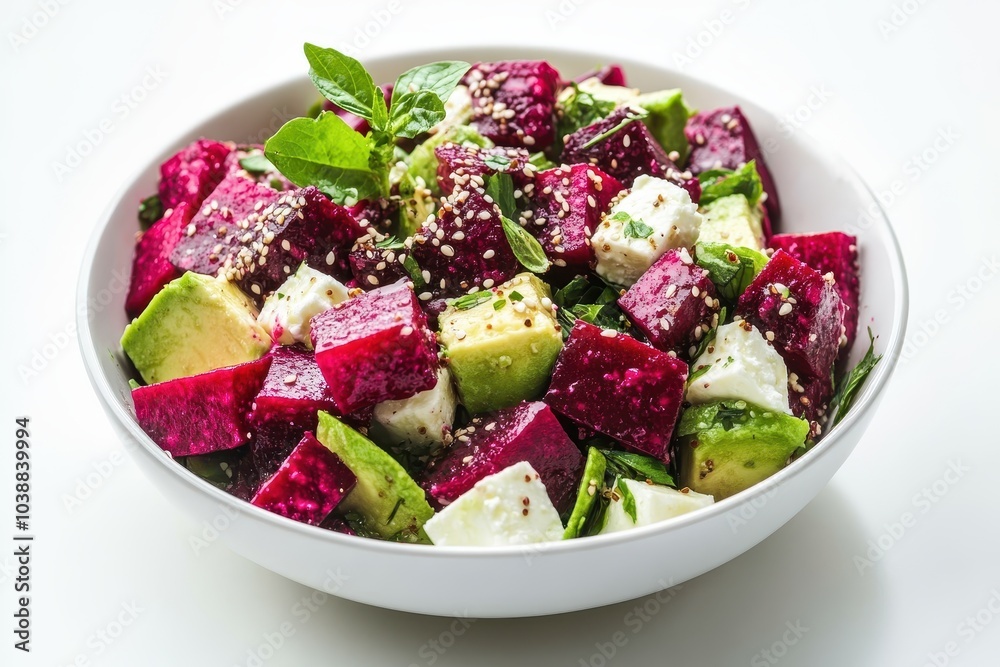 Close up of a healthy vegetable salad featuring avocado beetroot and feta garnished with sesame and flax seeds against a white backdrop Close up of a healthy vegetable salad featuring avocado beetroot and feta garnished with sesame and flax seeds against a white backdrop