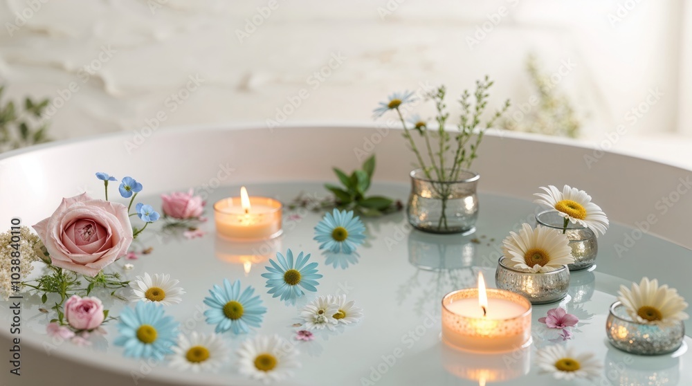 Tranquil Spa Setting With Candles and Fresh Flowers for Relaxation Tranquil Spa Setting With Candles and Fresh Flowers for Relaxation