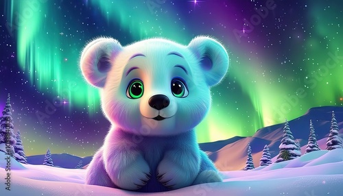 close up cute white cartoon bear, aurora light, clear sky background, Happy New Year and Merry Christmas! Polar bear