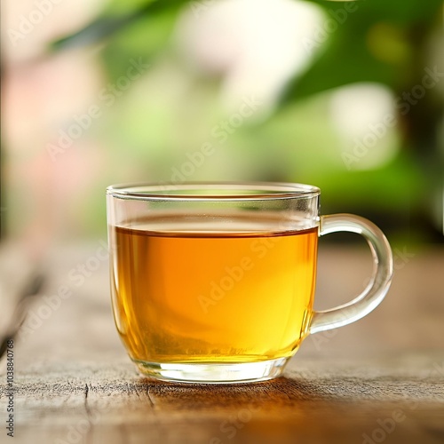 Warm amber tea in a clear glass cup on a wooden table with a blurred green outdoor background, perfect for relaxation and mindfulness themes.