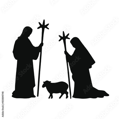 A silhouette of a nativity scene depicting the Virgin Mary, baby Jesus in a manger, 