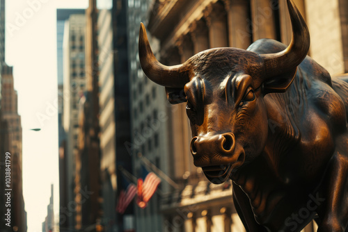 A bull statue in a city with a flag in the background photo