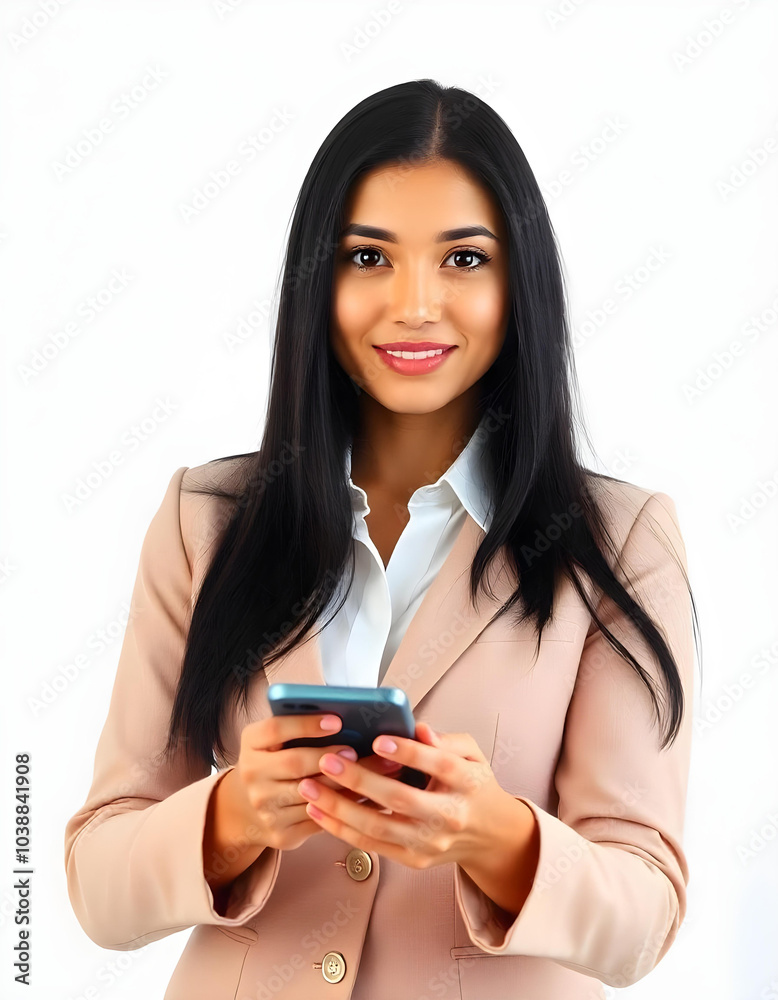 Business Woman holding phone and smiling with area text space. Business Woman holding phone and smiling with area text space.