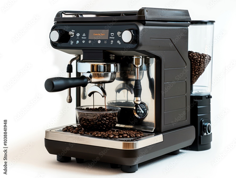High-end coffee machine with grinder isolated on white background High-end coffee machine with grinder isolated on white background