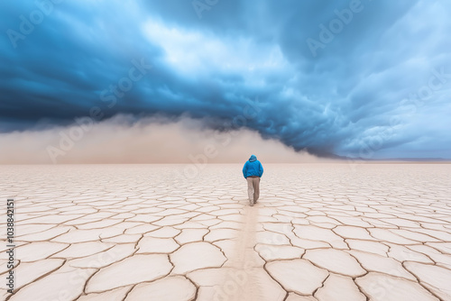 A person walks alone on cracked desert terrain under a dramatic sky with approaching storm clouds photo