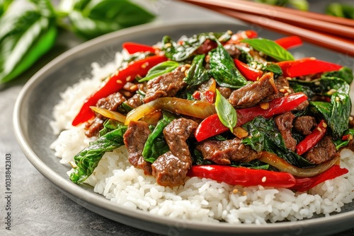 Close up of pad kra pao beef stir fry with Thai holy basil on jasmine rice served with chopsticks on a concrete table