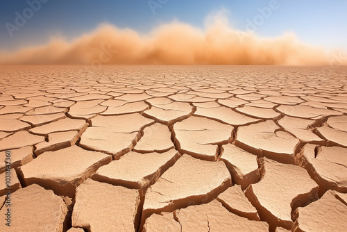 Dry cracked earth in a desert landscape with dust storm approaching during midday sunlight