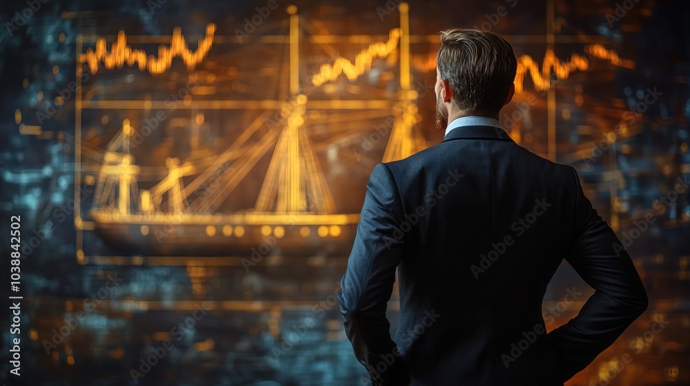 Visionary leader guiding a ship through market trends Visionary leader guiding a ship through market trends