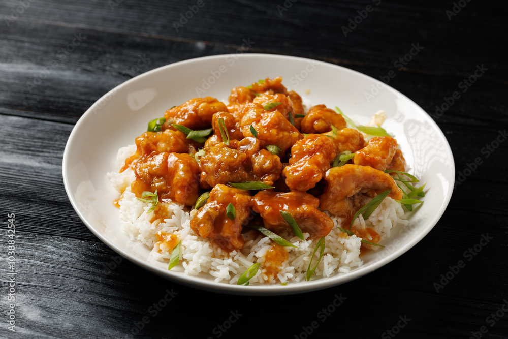 Chinese orange chicken with rice and green onion garnish Chinese orange chicken with rice and green onion garnish