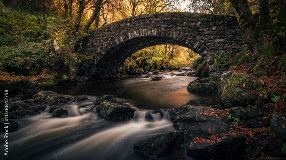 Fototapeta premium Stone Bridge Over a Stream in the Forest