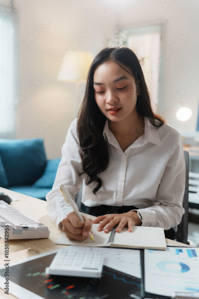 Young businesswoman is taking notes during a business meeting, surrounded by financial documents and office supplies Young businesswoman is taking notes during a business meeting, surrounded by financial documents and office supplies